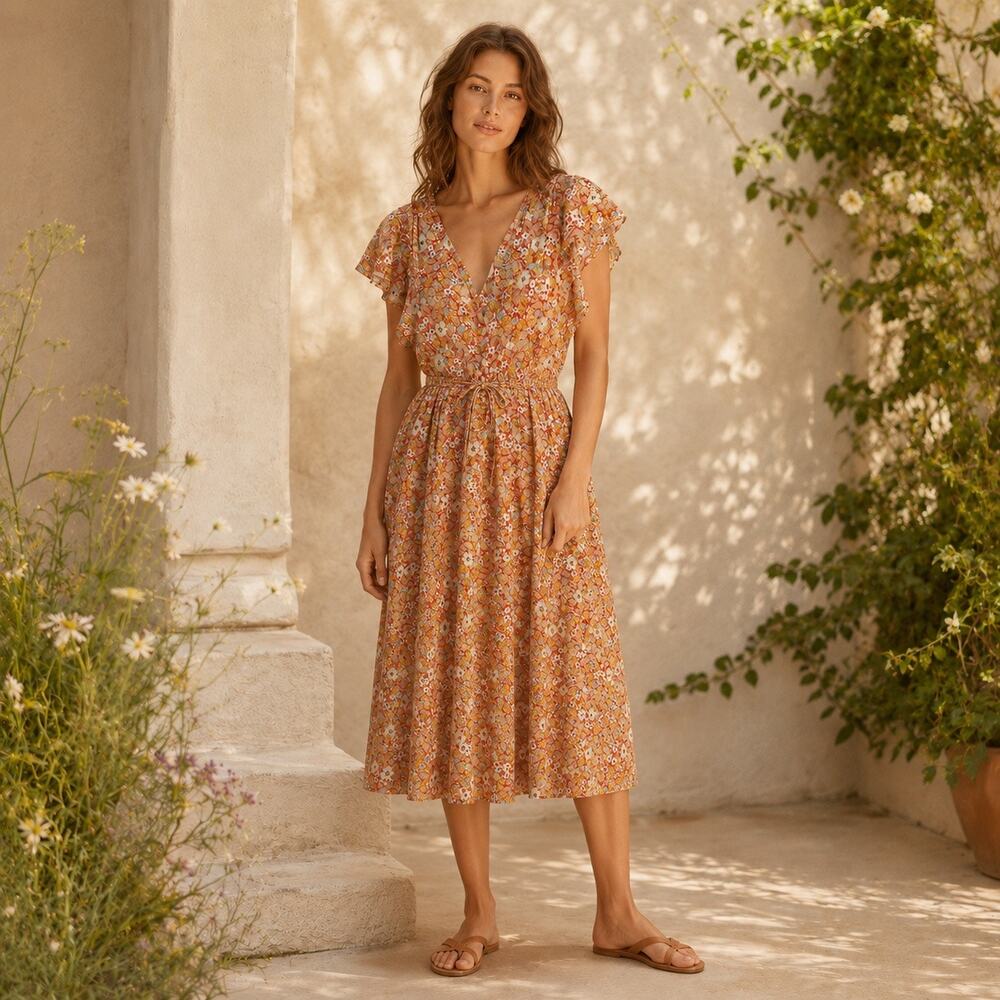 Trovata Birds of Paradis Orange Ditsy Floral Cotton Dress Size S NWT